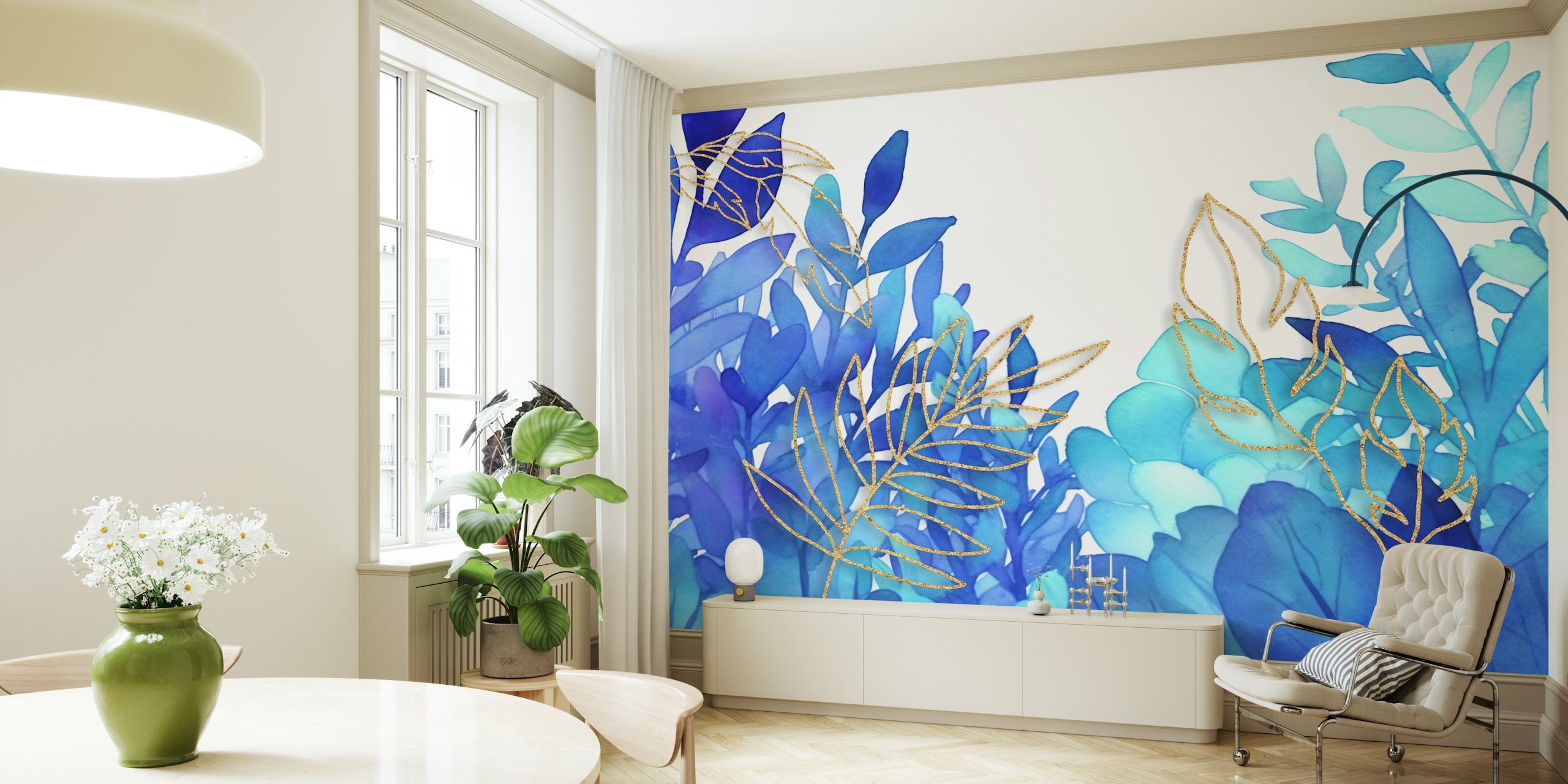Turquoise Blue Foliage Wallpaper With Gold Lines